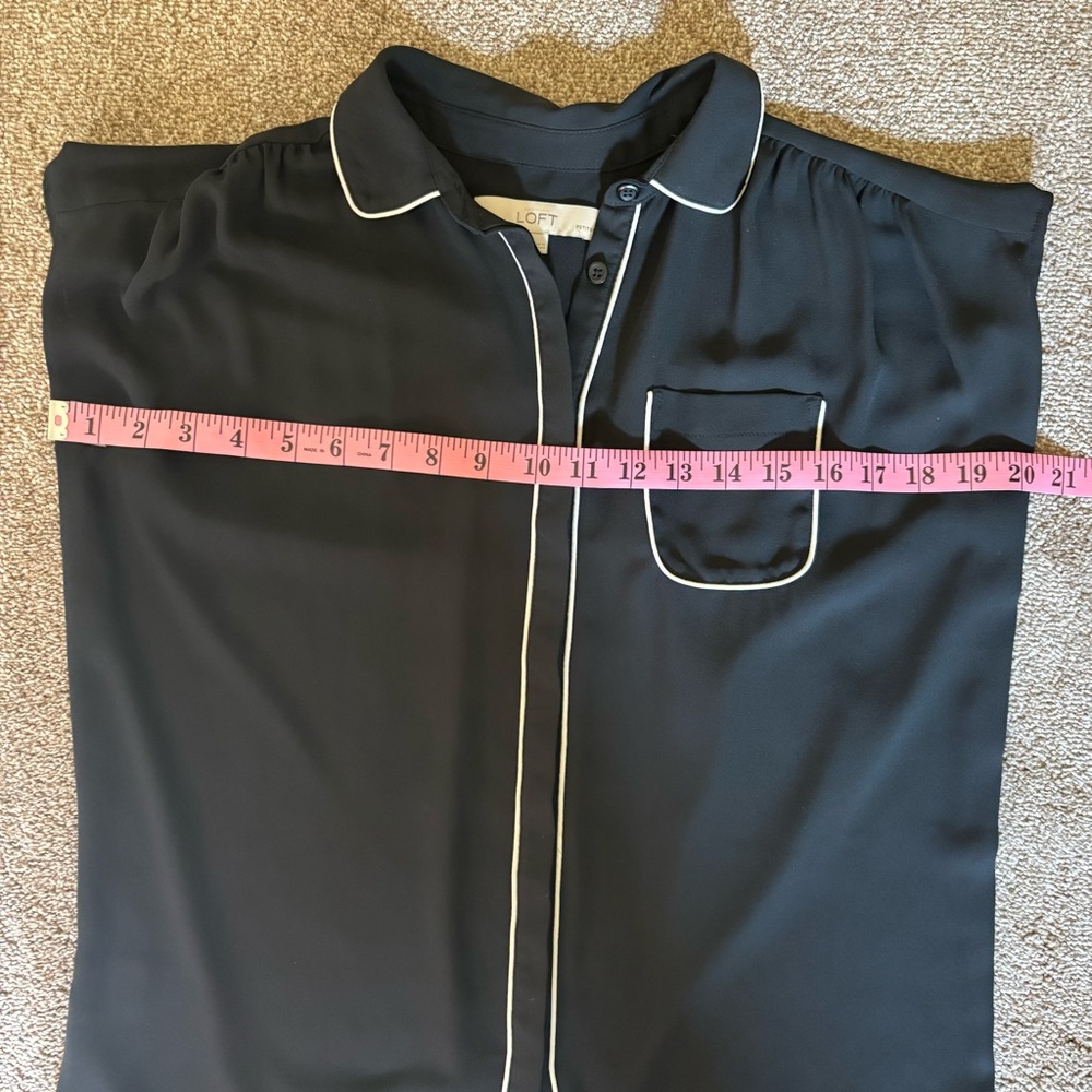 LOFT Black Button Down Blouse with Cap Sleeves and White Piping, SP - Picture 4 of 5